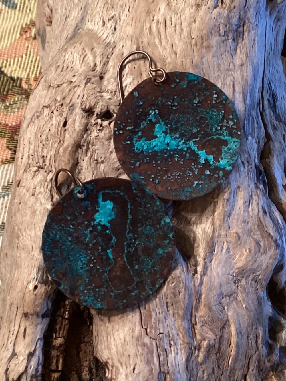 Western Rustic Patina Hammered Copper Disk Earrings